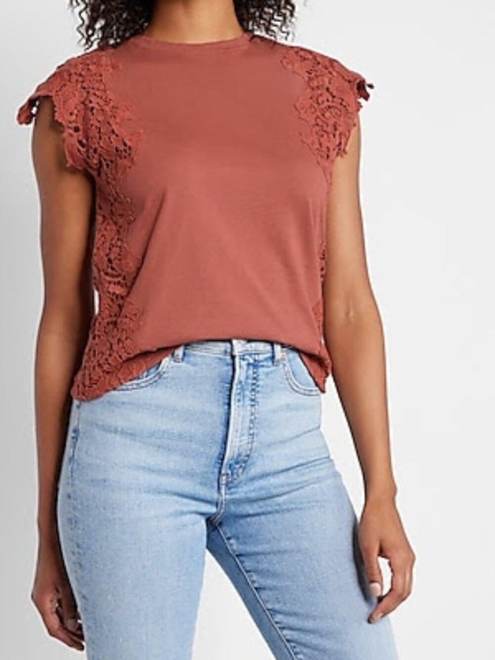 Express Women's Rust Lace-Side Short Sleeve Tee